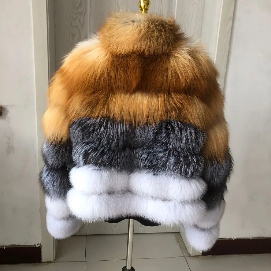 Women\'s Fall Winter Luxury Natural Fur Coat Ladies Fashion Real Fox Fur and Red Fox Silver Fox Fur Mixed High Quality Fur Jacket