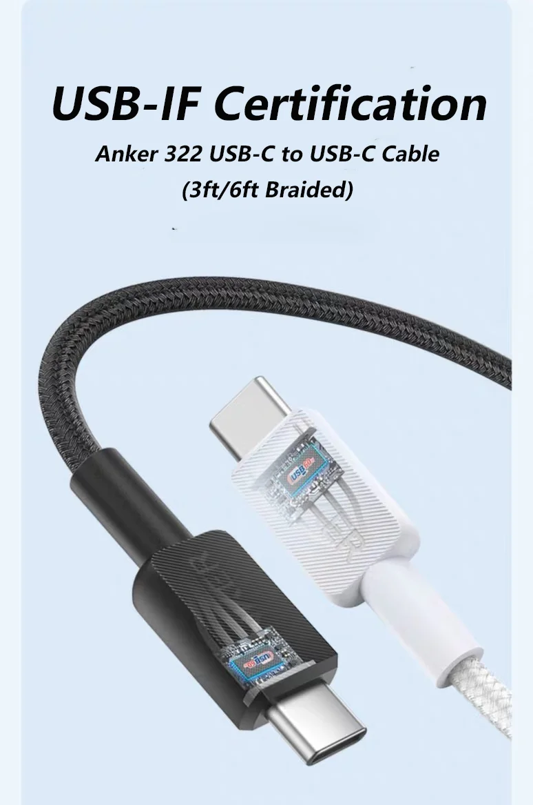 Anker 322 USB-C a USB-C Cable de carga máximo de 60 W Trenzado de 3 pies Compatible con USB-C Teléfonos Tabletas y portátiles