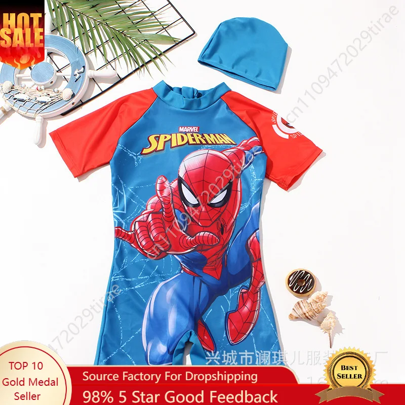 

Marvel Spider-Man Men One-piece Spiderman Print Swimsuit Super Cool Vacation Swimsuit with Swim Cap Cosplay