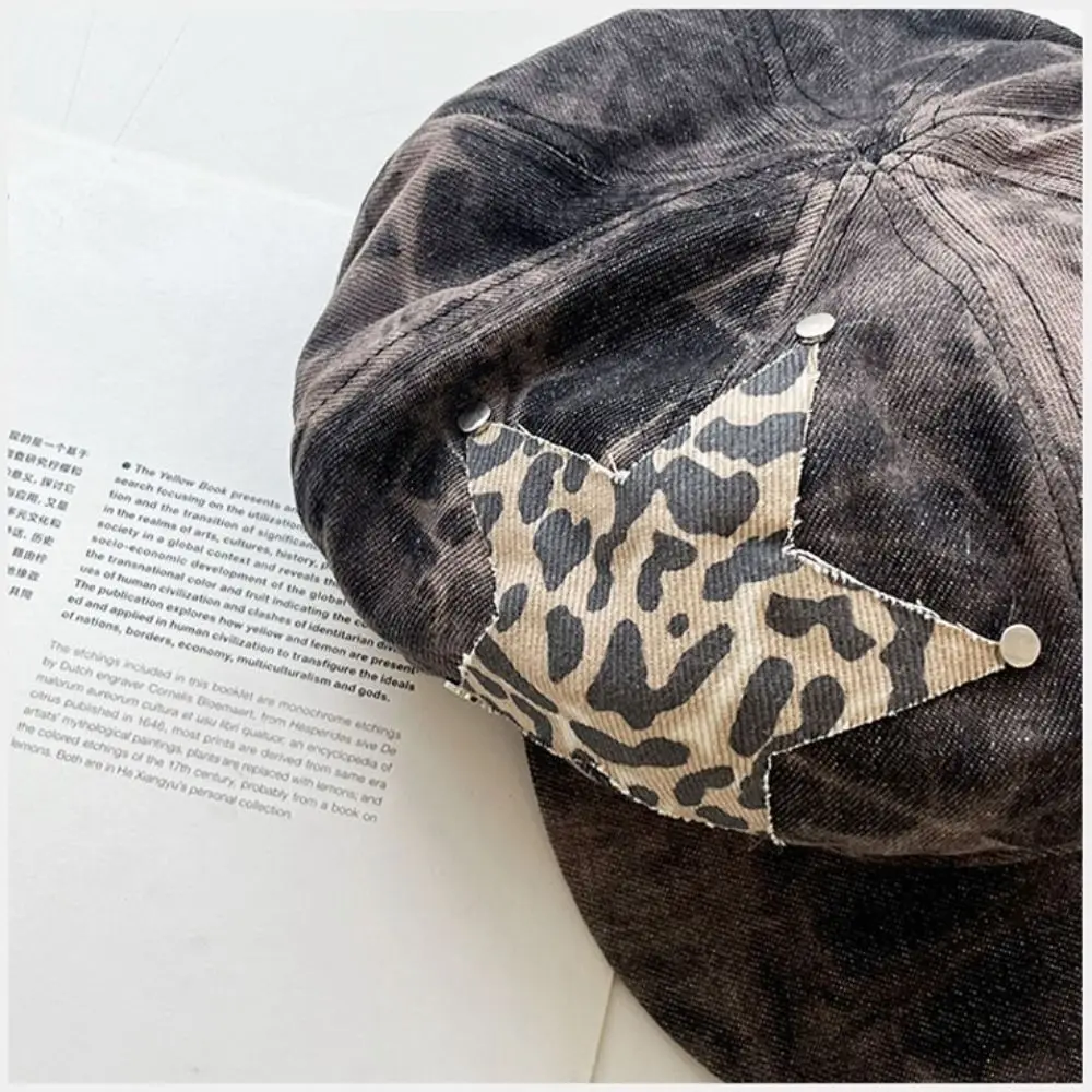 Retro Star Sticker Harajuku Beret Hat Tie-dye Pattern Rivet Design Newsboy Cap Streetwear Accessories Punk Cap Women Fashion