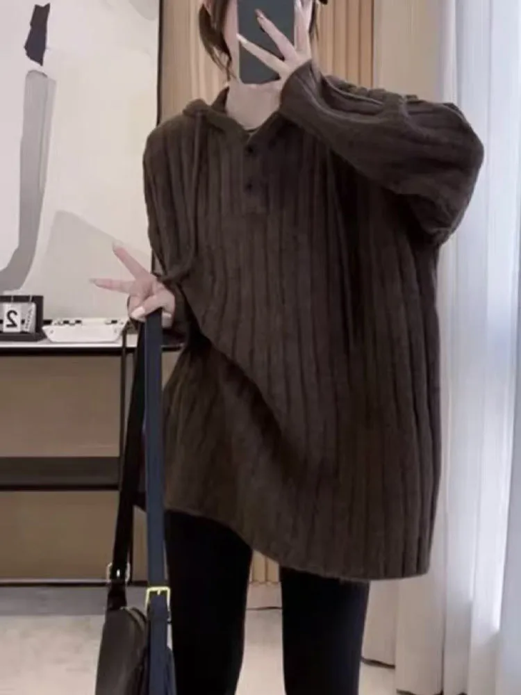 لينة مريحة معطف بقلنسوة المرأة خريف شتاء 2025 الاتجاه الجديد فضفاض محبوك سترة الاسترخاء Sle لون غير رسمي #1