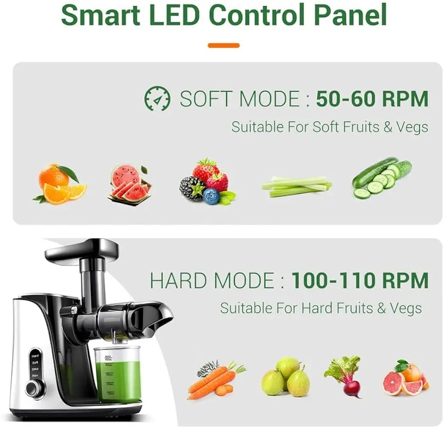 Exprimidor de masticación lenta, Extractor de prensa en frío con dos modos de velocidad, botella de viaje (500ML), pantalla LED