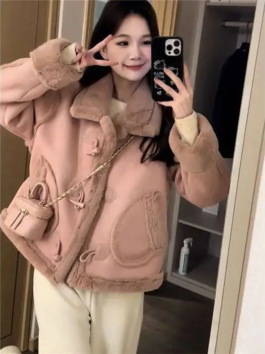 Casaco de Motocicleta Feminino em Camurça com Forro de Pele de Cordeiro, Design Novo e Elegante, Corte Reto, Gola Alta