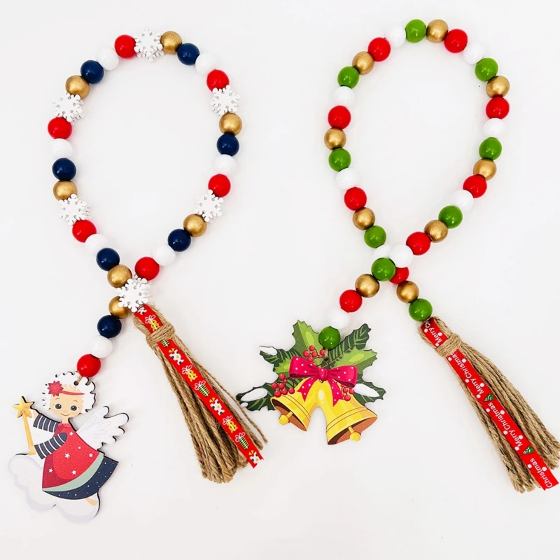 Christmas Wooden Beads Home Decoration Pendant Hemp Rope Tassel Beads Christmas Hanging Decoration Xmas Tree Ornaments