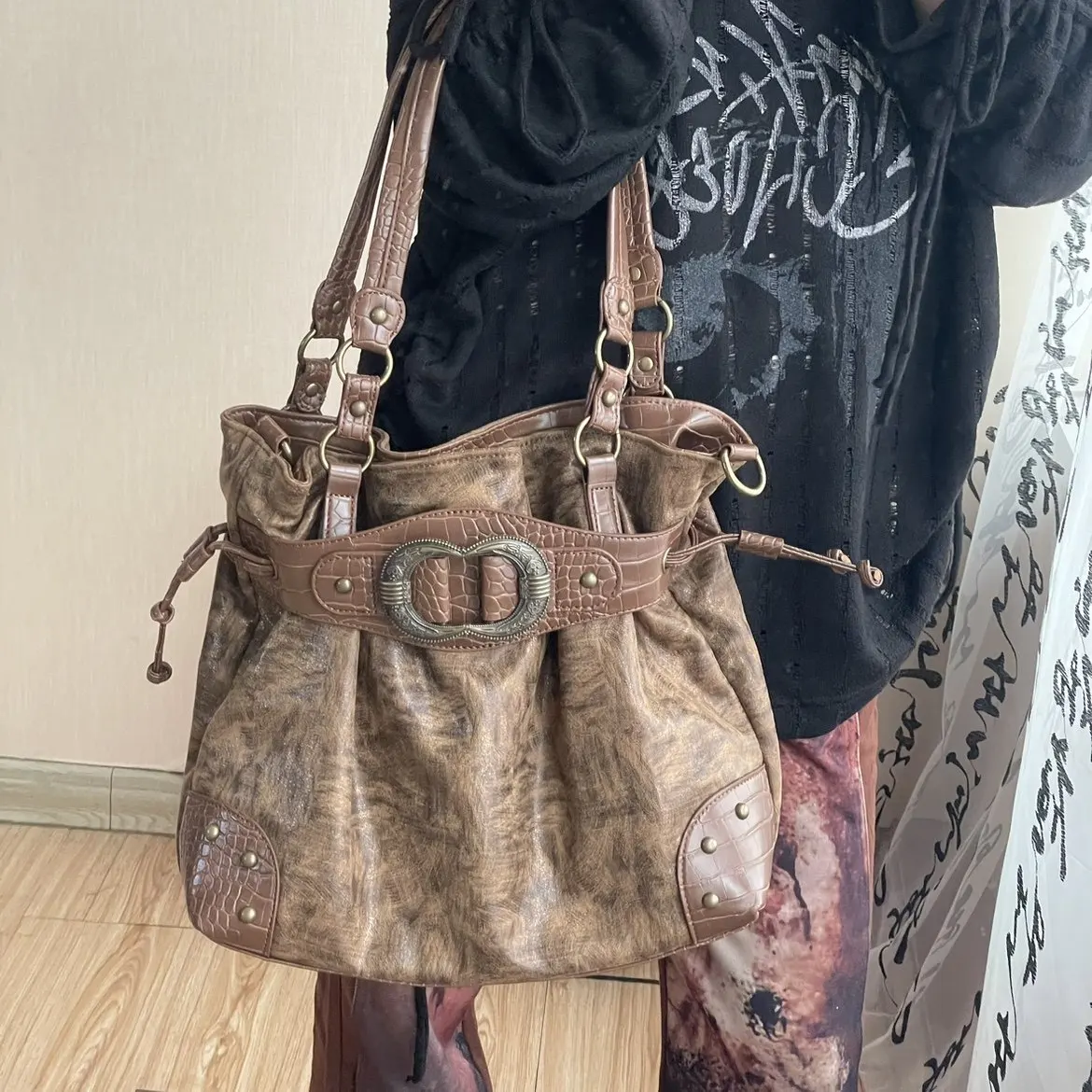 

Ретро-пенк байкерская сумка через плечо Y2K, женская большая сумка, дамская сумка-тоут, клатч