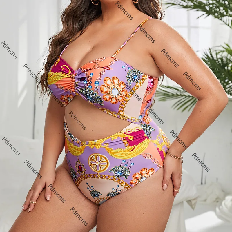 

2025 новый европейский и американский купальник большого размера с принтом на подтяжках, женский сексуальный цельный купальник бикини для толстой сестры