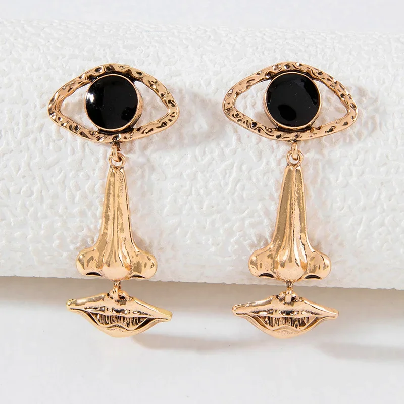 1Pair Exquisite Long Retro Lips & Nose & Eye Design Earrings, Cool Abstract Earrings Jewelry , Creative Gift