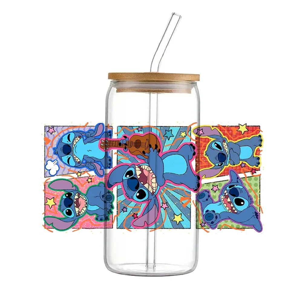 ひまわり 11 × 24 センチメートルディズニーステッチリビー 16 オンス缶ガラス 3D 防水 UV DTF コーヒー缶ラップリビーガラスラップ