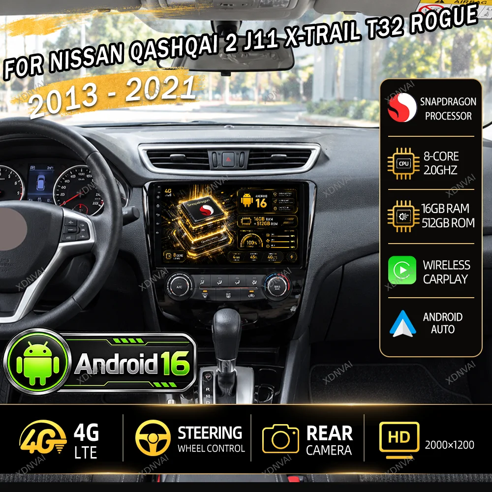 Android 16 For Nissan Qashqai 2 J11 X-Trail T32 Rogue 2013 - 2021 Car Radio Multimedia Video Player Navigation Carplay Head Unit
