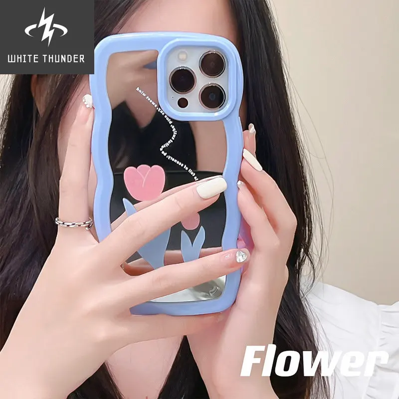 For iphone 11 12 13 Pro Max Xr X Xs 7 8 P Phone Case Simple Sweet Cute Flowers Mirror Makeup Silicone Wavy Edge Anti-fall Shell