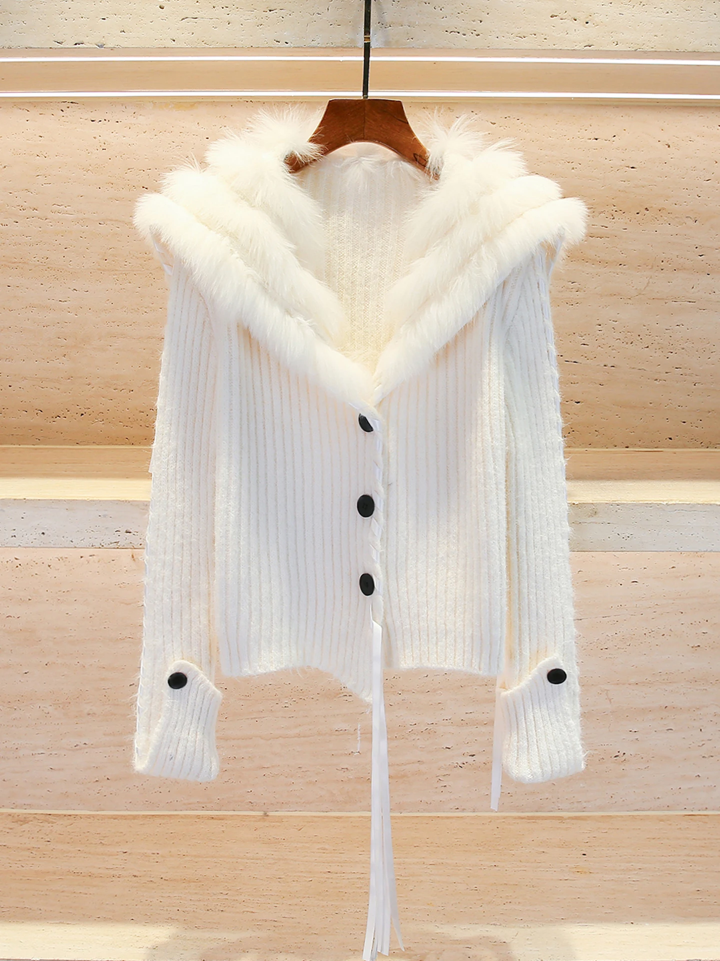 

Ele Women's Knitted Cardigan Sweater with Belt And Fur Collar Gentle Sle Long Sve ort Length Color Daily Wear