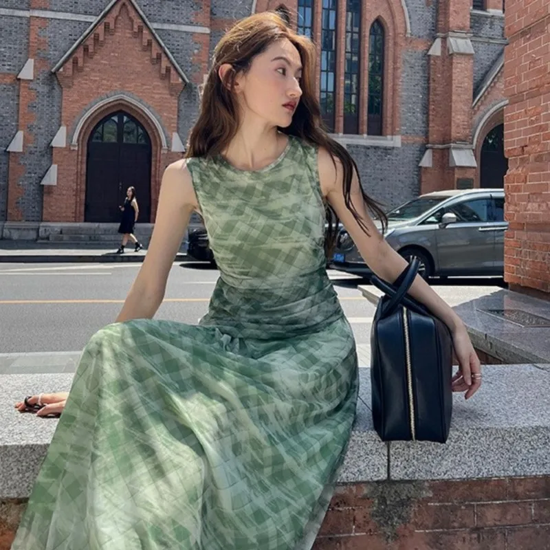 B-TOTO Summer New Light Luxury Style Indian Style With Green Plaid Design Can Be Used As A Waist Fold Dress Sleeveless Skirt