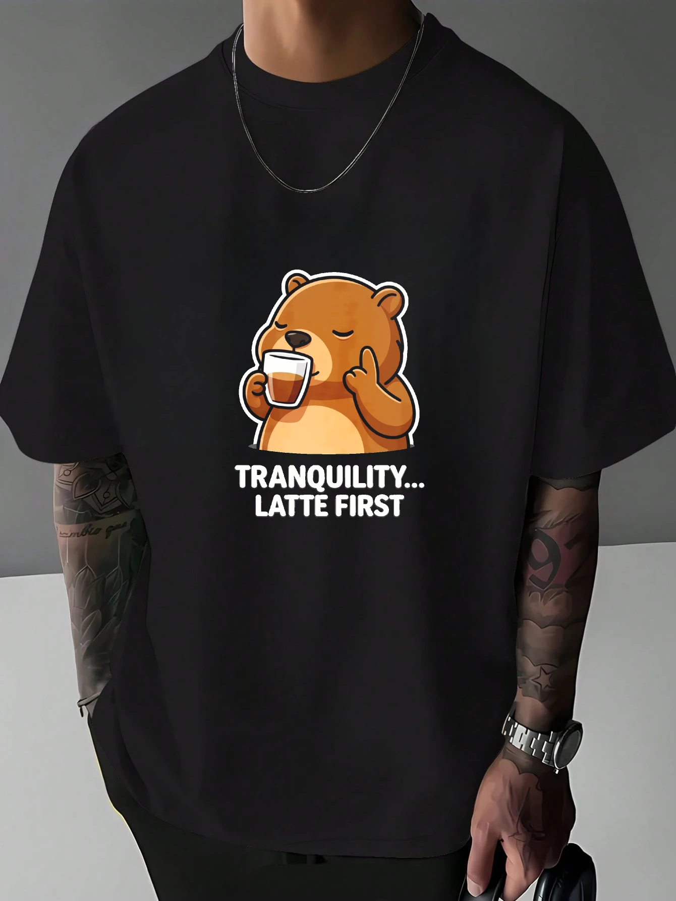 Mens Cute Coffee Bear Graphic T Shirt Tranquility Latte First Cartoon Print Short Sleeve Crew Neck Casual Cotton Male Daily Tee