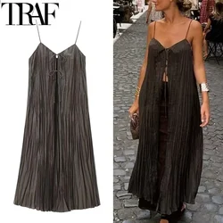 TRAF 2024 Pleated Slip Dress Woman Summer Slit Midi Dresses Sleeveless Backless Long Dress Women Loose Casual Holiday Dresses