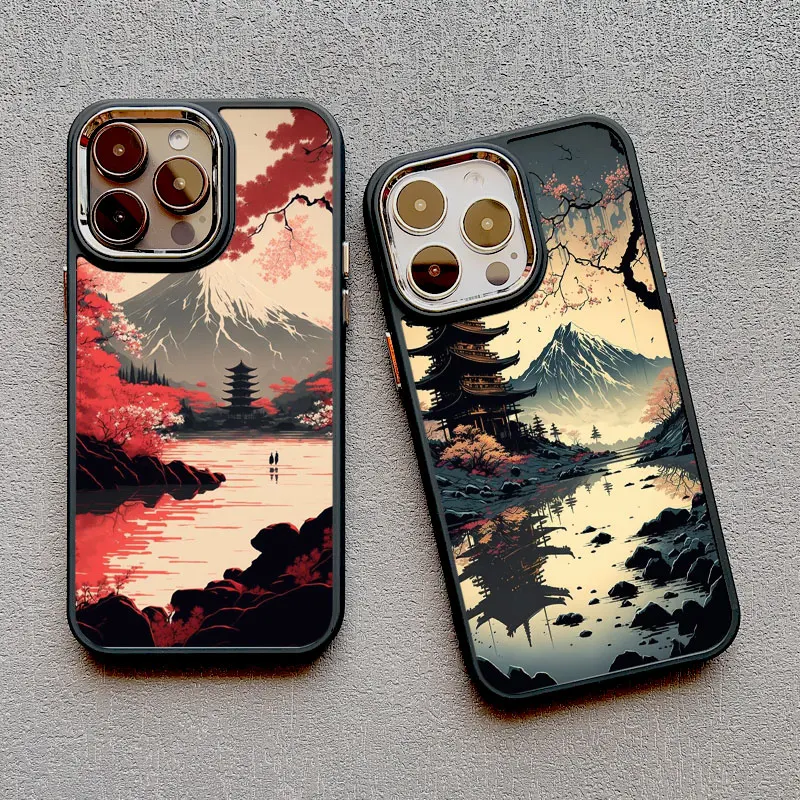 Japanese Mount Fuji Landscape Tree Ancient Tower Phone Case For iPhone 13 12 11 14 15 16 Pro Max 7 8Plus SE2 XR X Silicone Cover