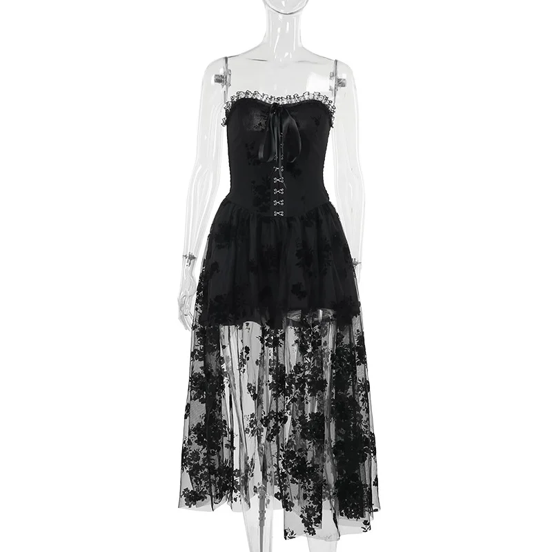 Goth Dark Florals Mesh Patchwork Strapless Party Dress Women Fairycore Wedding Gown Mall Gothic Single Breasted Lace-up Dresses - Image 6