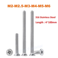 3-50pcs M2 M2.5 M3 M4 M5 M6 316 Stainless Steel Cross Recessed Phillips Flat Countersunk Head Machine Screws Bolt Length 4~100mm