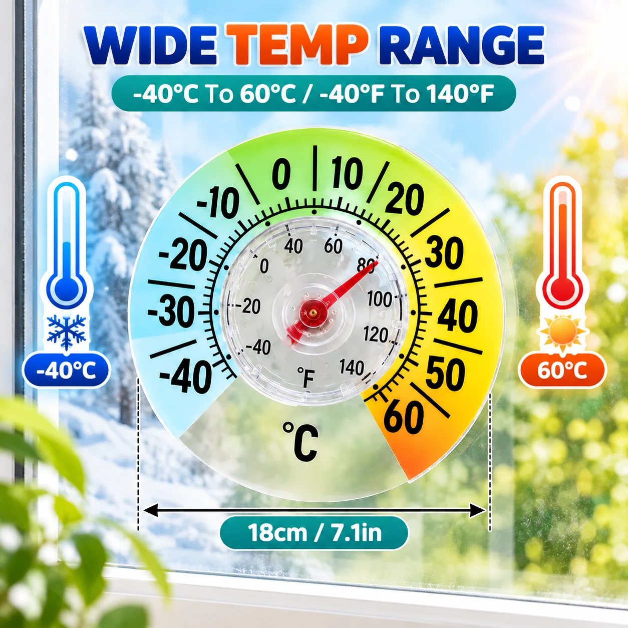 Large Outdoor Window Thermometer, 18cm Analog Window Glass Thermometer, Dual Celsius Fahrenheit Temperature Gauge, Color-Coded E