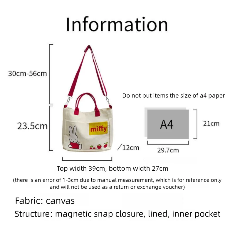 

Ручная сумка через плечо Kawaii Miffy с рисунком кролика Miffy, клубники, студенческая парусиновая сумка через плечо, большая вместимость, японский стиль