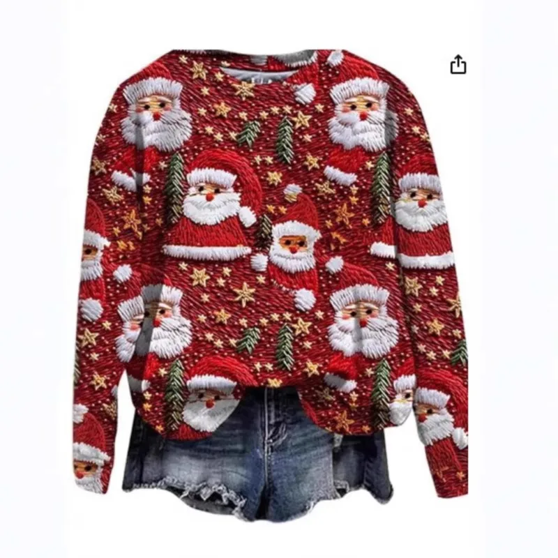 Red Christmas Women\'s Long Sleeved Hoodie Cartoon Santa Claus Pattern Round Neck Pullover Hoodie Top Versatile Autumn New Item