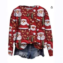 Red Christmas Women's Long Sleeved Hoodie Cartoon Santa Claus Pattern Round Neck Pullover Hoodie Top Versatile Autumn New Item