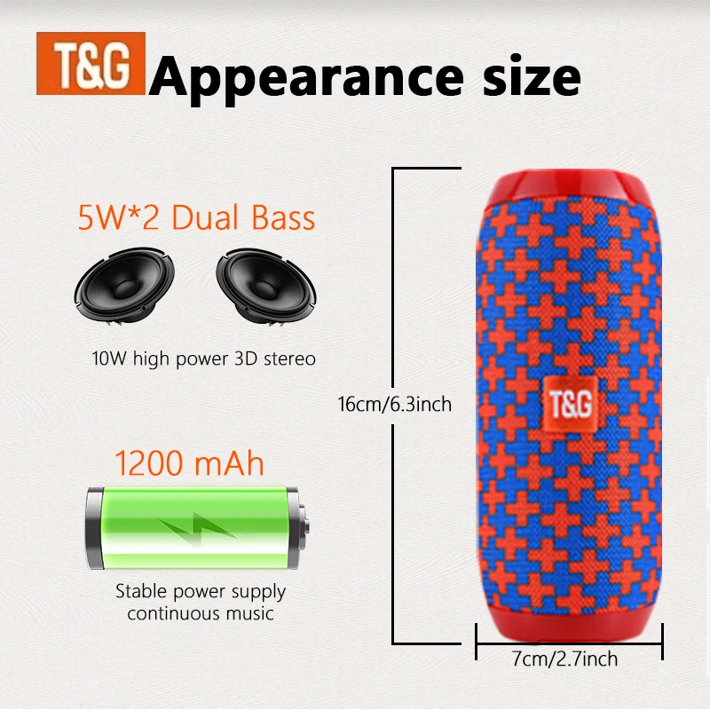 TG117 Portable Bluetooth Speaker Outdoor Wireless Woofer Free Call /FM/TF Card/USB Flash Drive Connect Mobile Phone/Tablet/TV