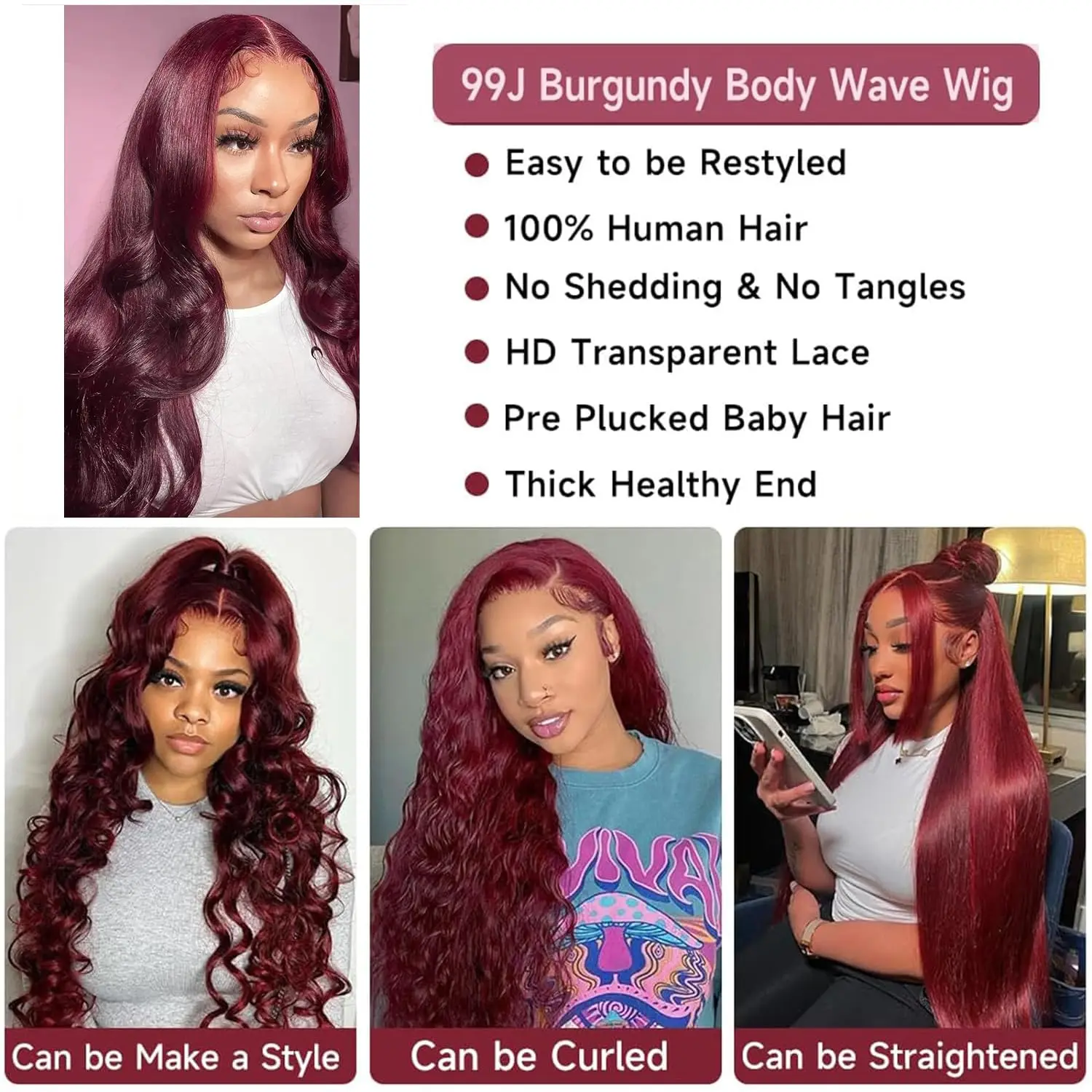 99J Burgundy 13x4 HD Lace Frontal Wig Transparent Body Wave 13x6 Lace Front Wigs Red Colored Human Hair Wigs 180 Density 30 Inch