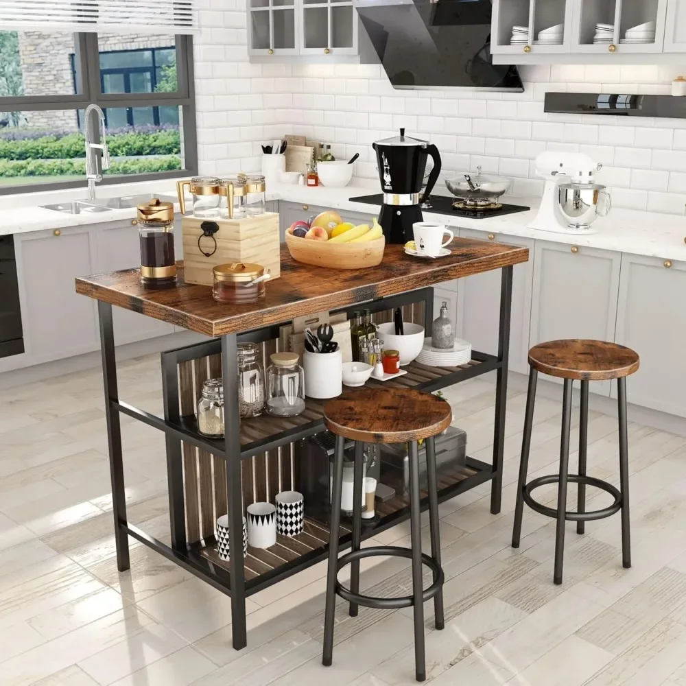 Kitchen Island With Seating, Wooden Counter 33"Height Table with Storage Kitchen Table Set for 2