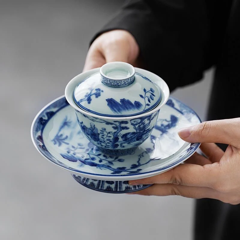 Chinese Blue and White Vintage Court Style Ceramic Household Tea Set Gaiwan