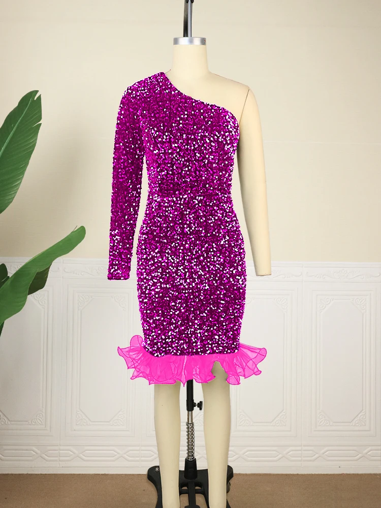 Plus Size Pink Sequin Dress Long Sleeve Bare Shoulder Velvet Short Gowns Cute Elegant Women Birthday Party Club Christmas Outfit