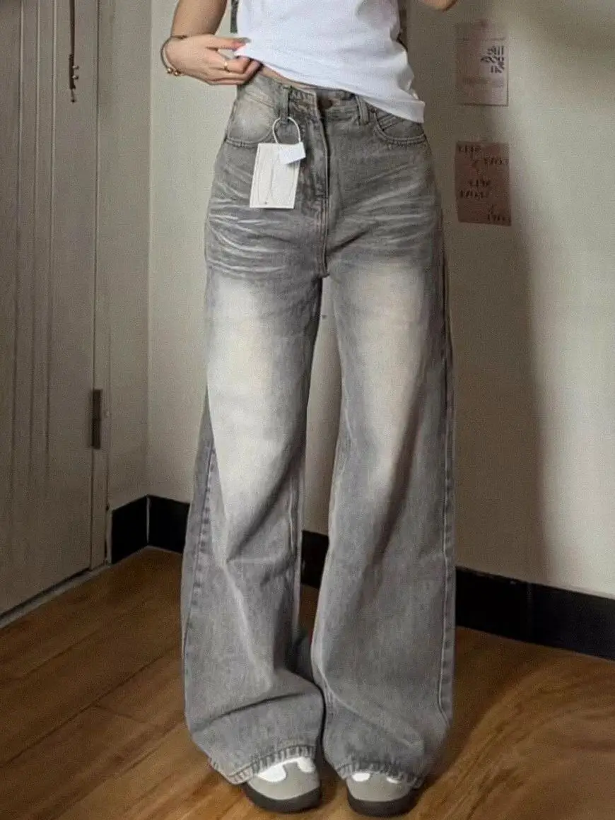 Calças Jeans Femininas de Estilo Retrô Americano, Jeans Desgastados, Corte Reto, Perna Larga, Longas, Primavera Verão, Novo, Efeito Emagrecimento