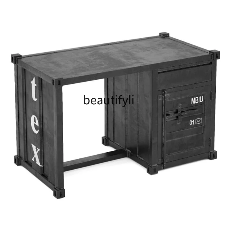 

Офис в индустриальном стиле из кованого железа в стиле ретро, металлический стол, контейнер, компьютерный стол