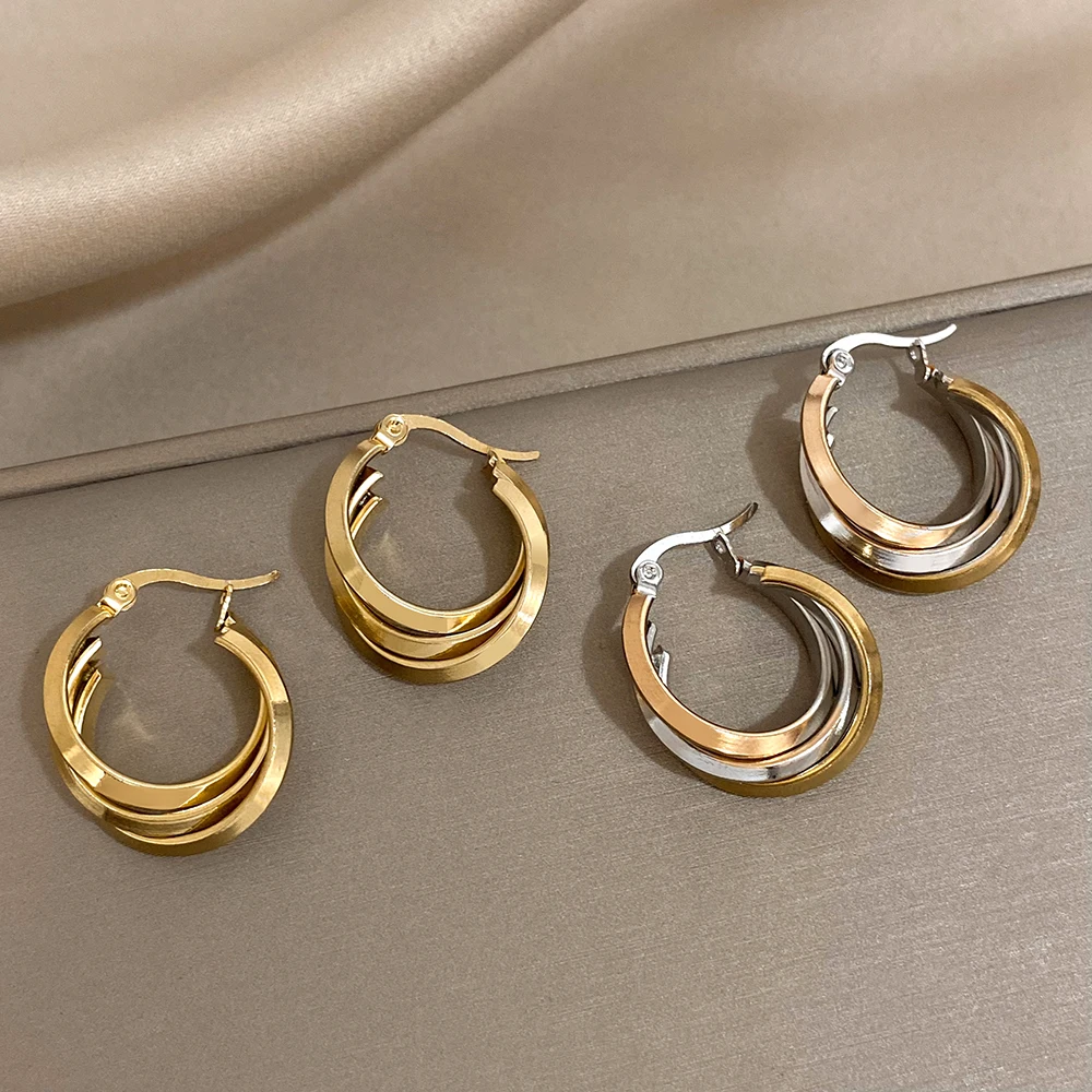 Greatera Trendy Tricolor Stainless Steel Twisted Hoop Earrings for Women Gold Plated Geometric Round Circle Earrings Jewelry
