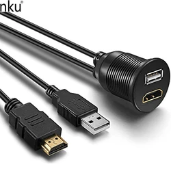 Nku 1m 3ft USB 2.0 & HDMI-Compatible Male To Female Extension Waterproof Flush Dash Panel Mount Cable for Car Boat Motorcycle