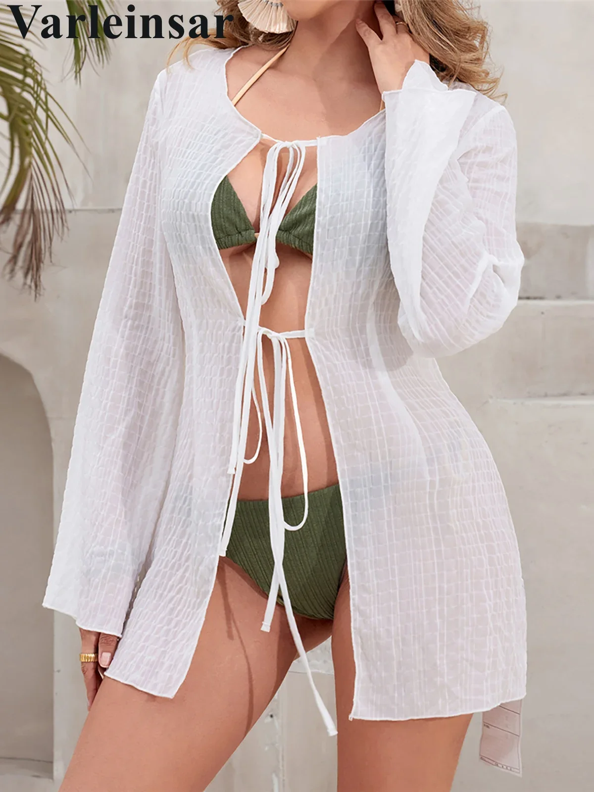 

New Long Sleeve Lace-up White Crochet Knitted Tunic Beach Cover Up Cover-ups Beach Dress Beach Wear Beachwear Female Women V6374