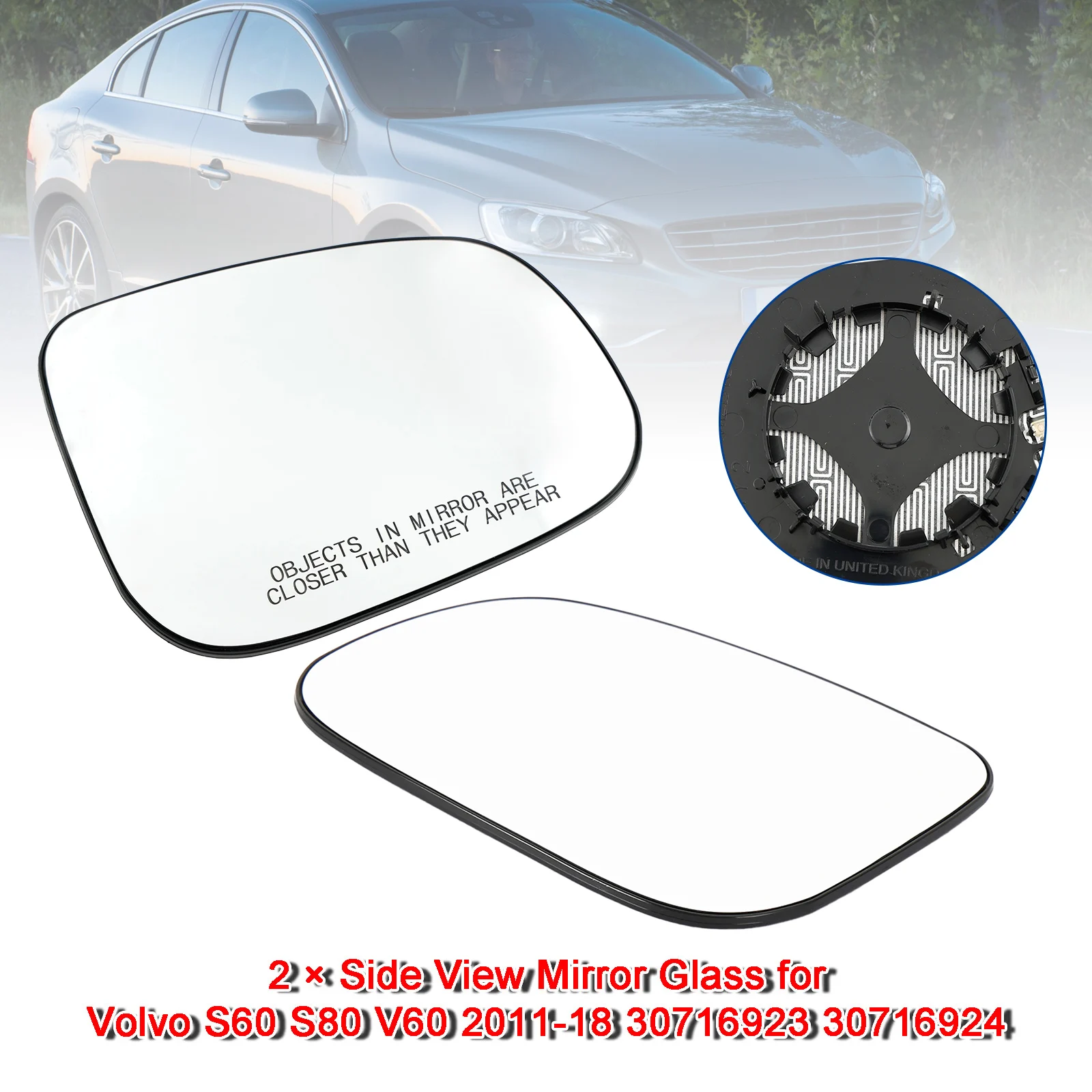 Artrudatech Side View Mirror Glass, Acessórios de carro para Volvo S60, S80, V60, 2011-18, 30716923, 30716924, 2 pcs