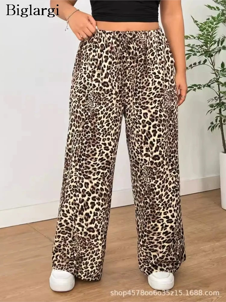 Pantalones de cintura alta con estampado de leopardo para mujer, pantalón plisado, holgado, informal, estilo coreano, pierna ancha, talla grande, otoño