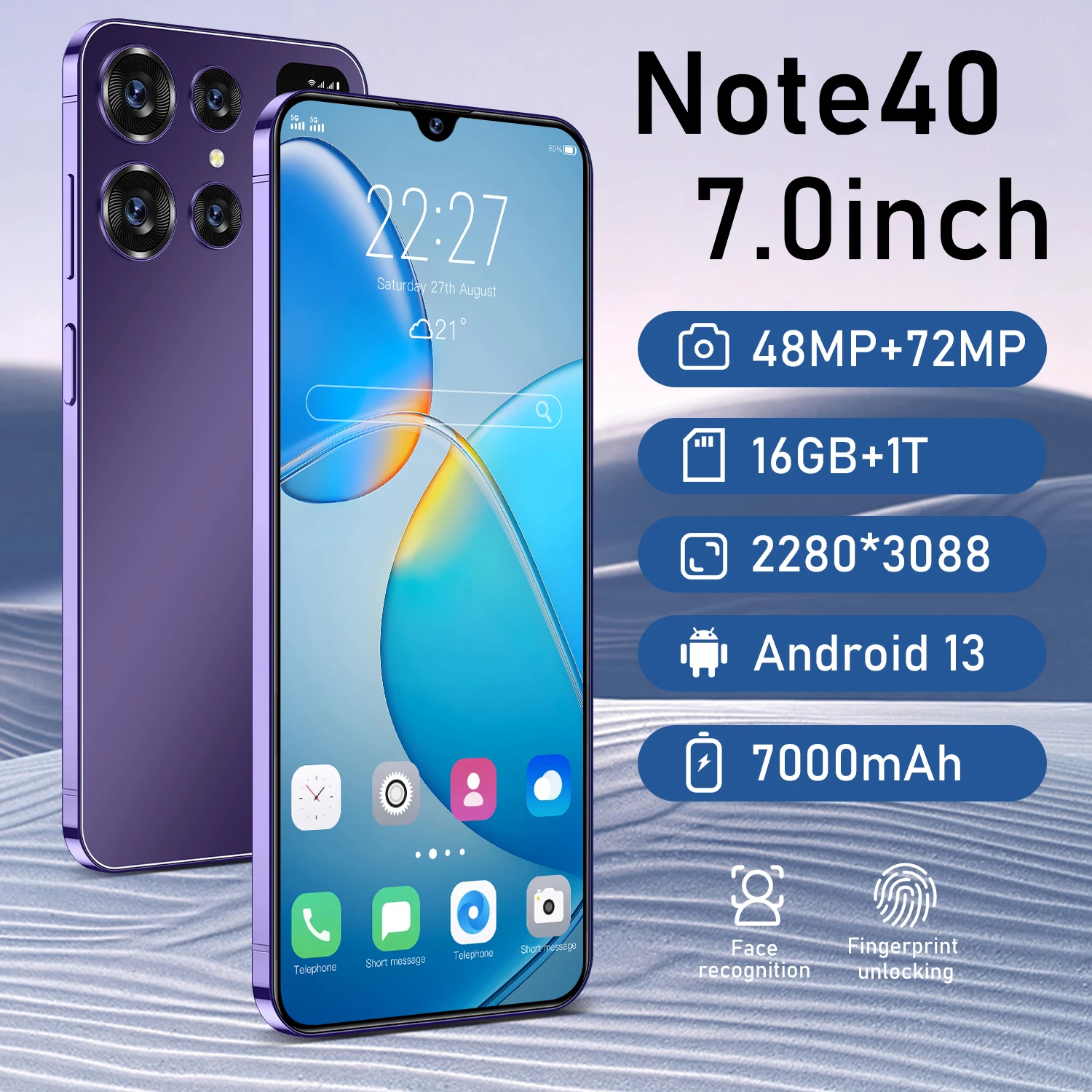 

Global Version Note40 Smartphone 5G 7.0 Inch Snapdragon 8 Gen2 48MP+72MP Camera 7000mAh Battery Android Phone Unlocked Celular