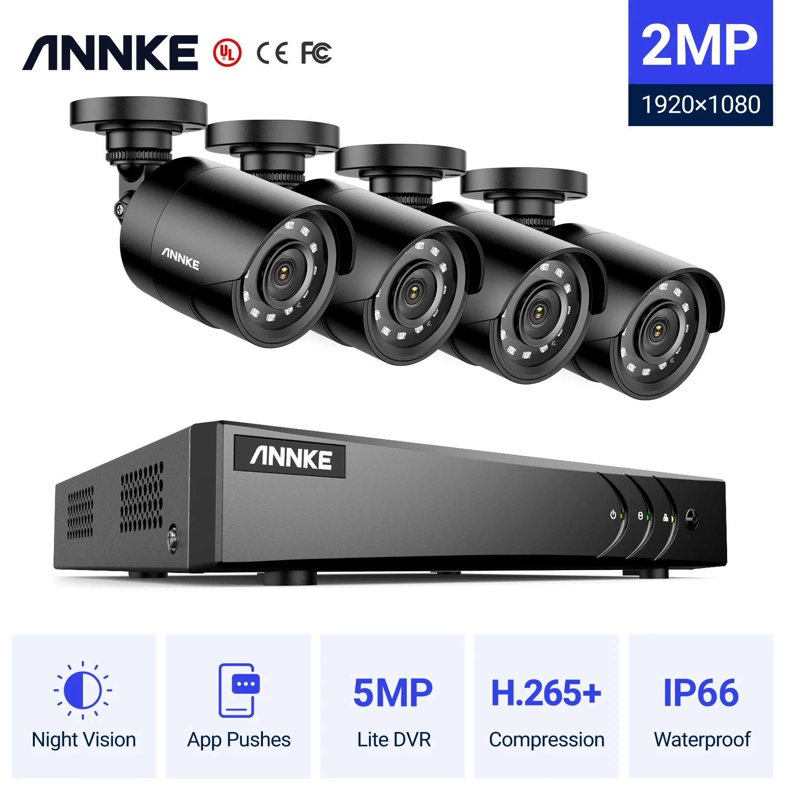 ANNKE HD 비디오 보안 시스템, 야외 CCTV 보안 카메라 키트, 8CH, 2MP, H.265 +, 6in 1, 5MP Lite DVR, 4X, 1080P