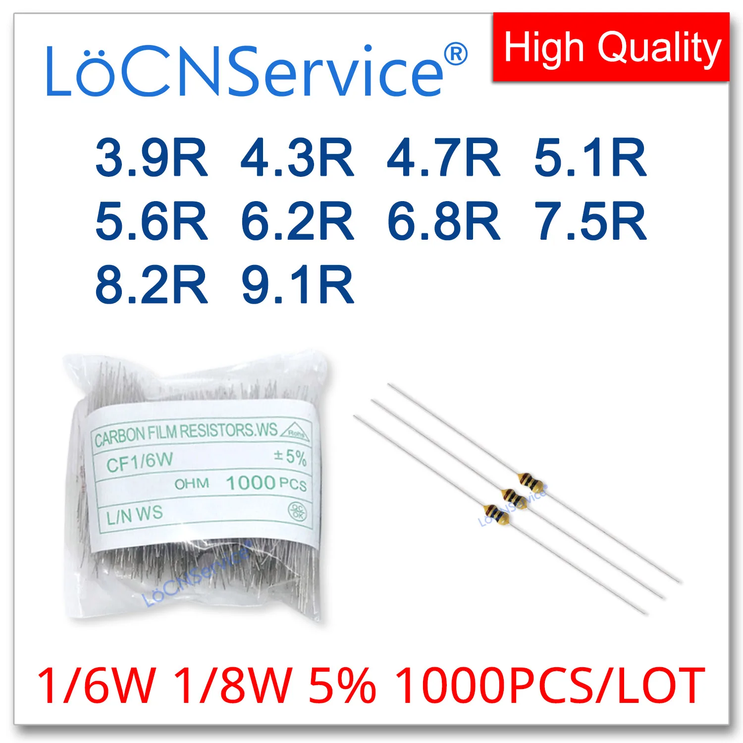 LoCNService 1000PCS/LOT 5% 1/6W 1/8W 3.9R 4.3R 4.7R 5.1R 5.6R 6.2R 6.8R 7.5R 8.2R 9.1R Carbon Film Resistor DIP OHM