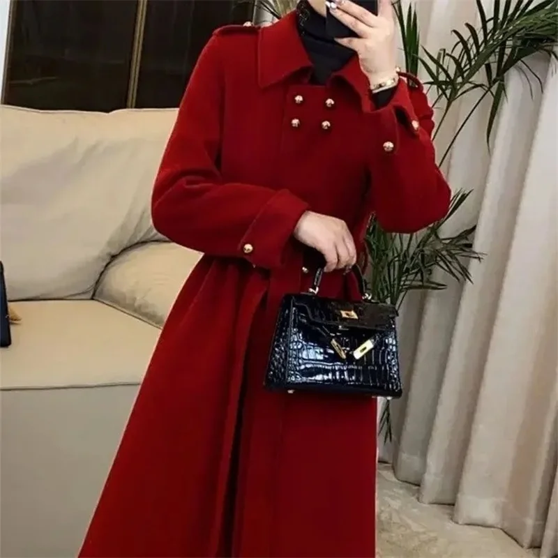 Cashmere Wool Coat Women's Long 2025 Autumn/winter New Over-the-knee High-grade Feeling Double-breasted Waist Belt Woolen Coat