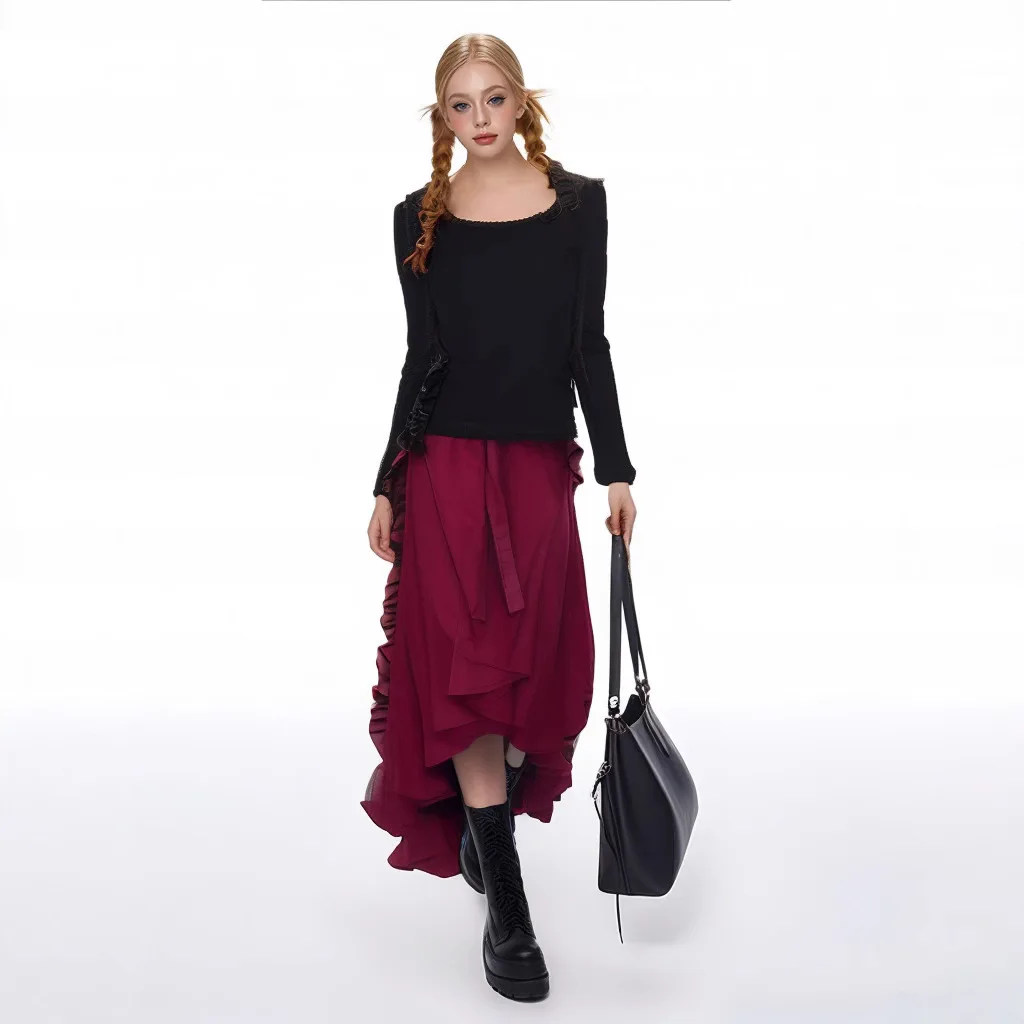 European and American Retro-Style Women's Red Fitted Midi Skirt—Perfect for Parties, Dancing, or Cosplay. 2026-2027