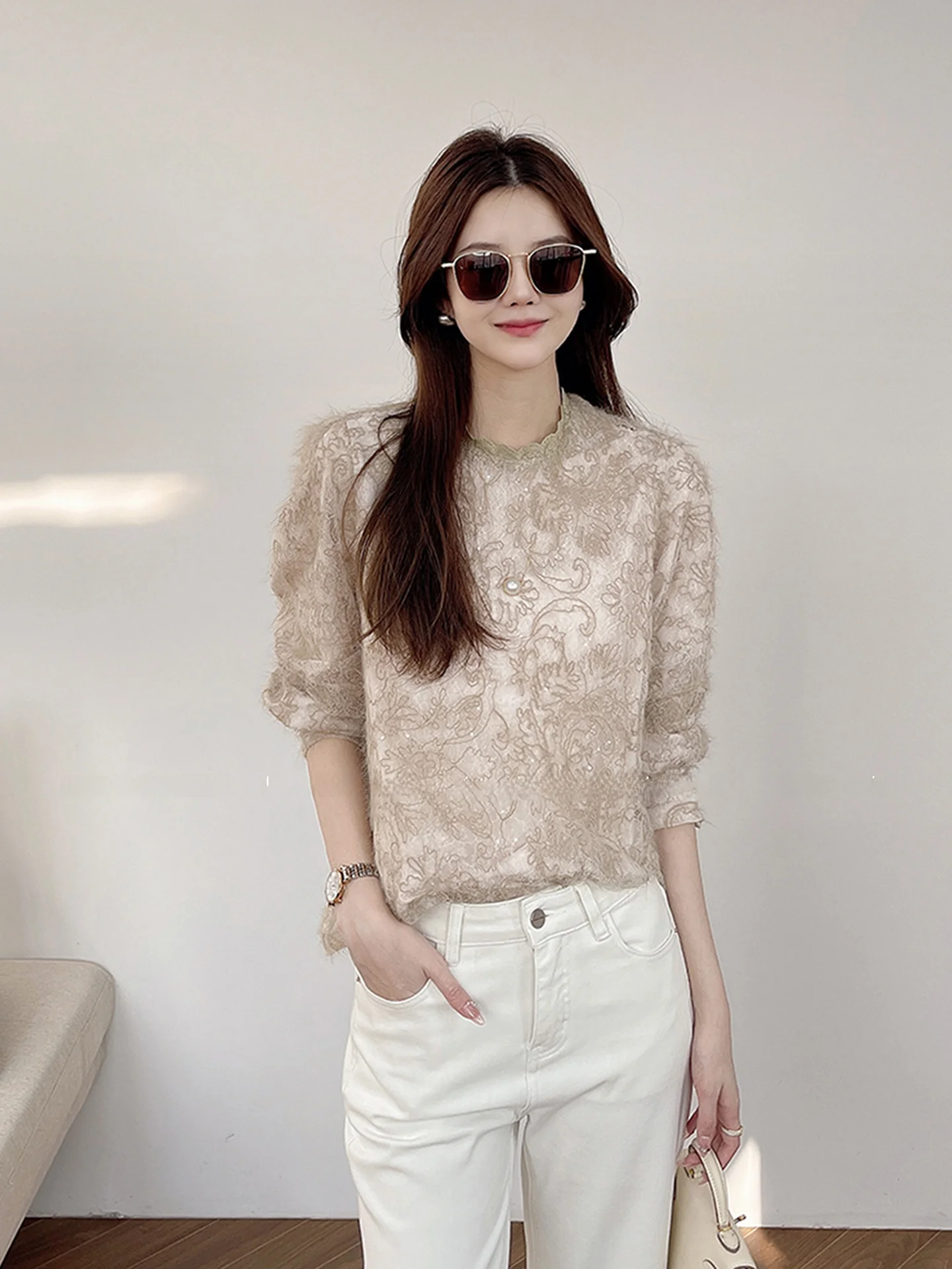 Camiseta Feminina de Renda de Manga Longa O-Neck, Camada Base, Incrivelmente Charmosa, Nova Coleção Primavera 2026, por Han ang Liang Pin