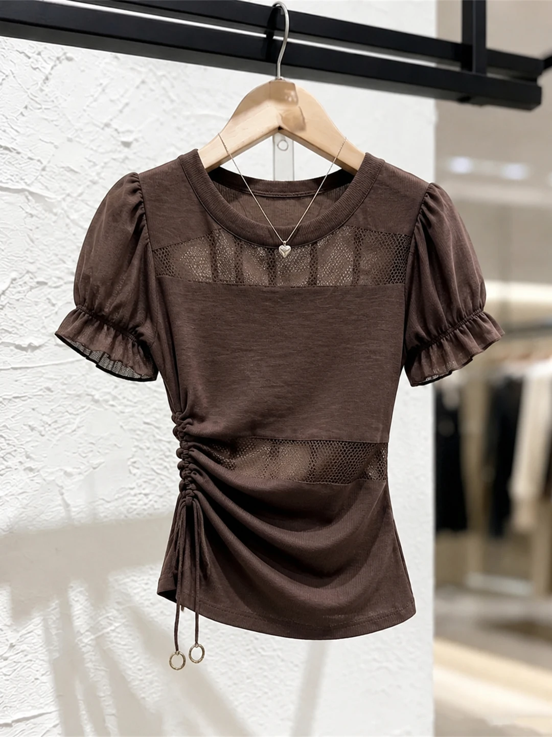 

Slimming Short Sleeve T-Shirt Korean Style Hollow out Design Drawstring Waist Women's Summer Fashion Casual round Neck Top