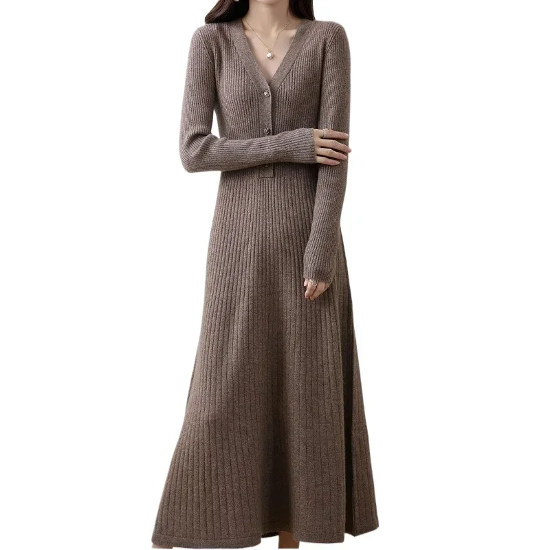 Однотонный свитер с v-образным вырезом в полоску, женский корейский стиль с пряжкой, облегающее и утягивающее осенне-зимнее новое вязаное базовое платье