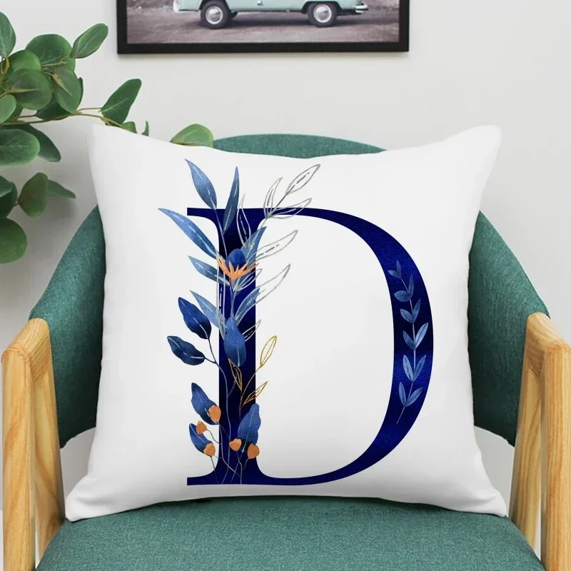Funda de cojín con estampado de hojas azules, decoración de cintura para el hogar, sala de estar, sofá, coche, 45x45cm