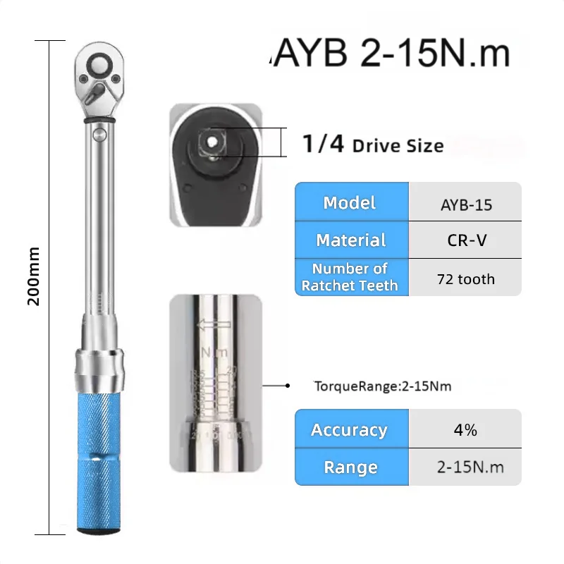 

ALIYIQI AYB 2-15N 1/4 Inch Square Drive Preset Torque Two-way Ratchet Socket Wrench 3% Hand Spanner Bicycle Repair Tools
