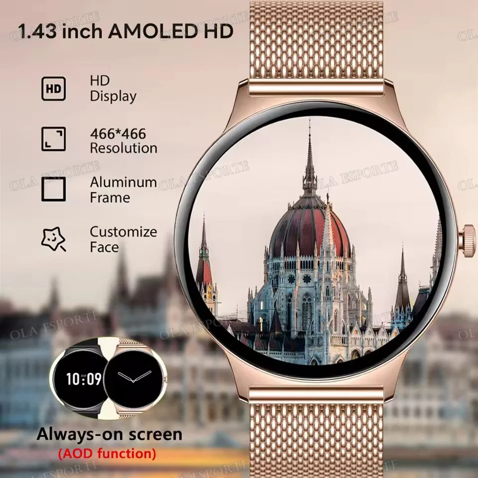 رقيقة جدا Smartwatch النساء 1.43 "HD AMOLED شاشة بلوتوث دعوة الساعات الذكية معدل ضربات القلب الصحة الرياضة اللياقة البدنية لنظام أندرويد IOS
