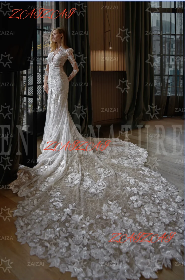 

Customized Roycebridal Luxury Long Lace Mermaid Bride Wedding Dresses Sexy Wedding Dress for Women Floral Bridal Gown