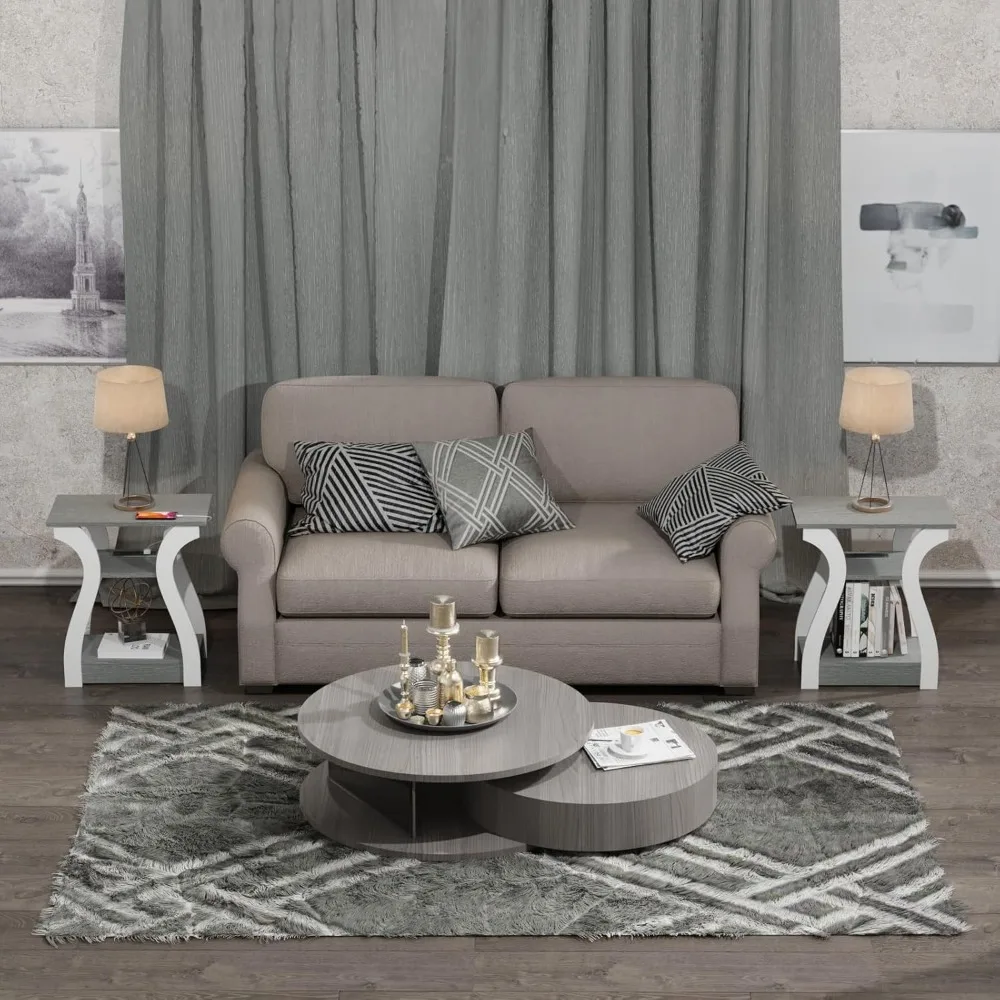 End Tables Living Room Set of 2,Grey End Table with Charging Station,Grey Side Table, Nightstand for Bedroom, 3 Tier End Table